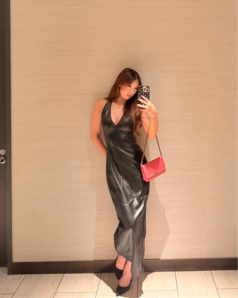 Black Faux Leather Halterneck Dress  - Image 1