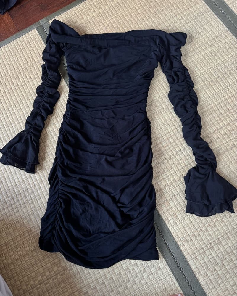 Mini Black Body Con Ruching Dress  - Image 3