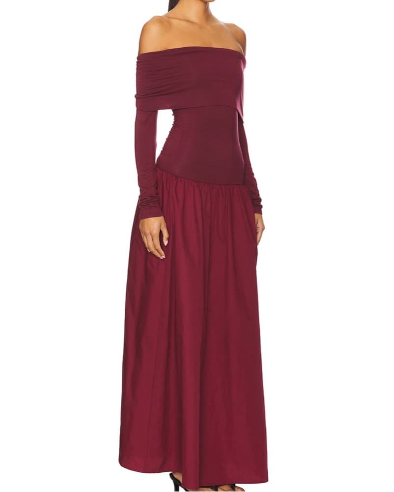 Elegant Burgundy Off-Shoulder Maxi Dress - Image 2