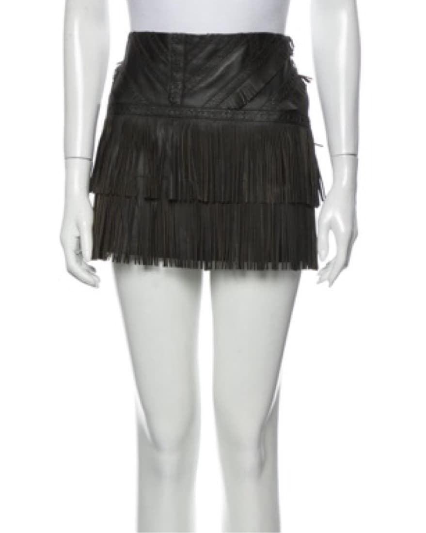 Parker Brown Leather Fringe Mini Skirt  - Image 1