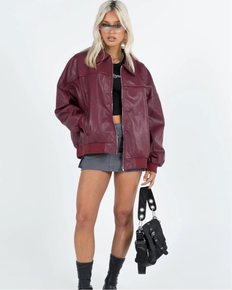 Maroon Faux Leather Bomber Jacket Bur - Image 1