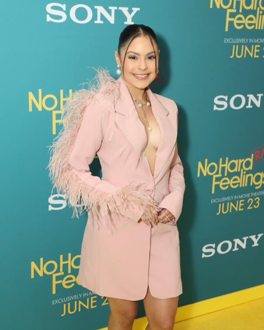 Blush Pink Blazer Dress With Feathers - Image 1