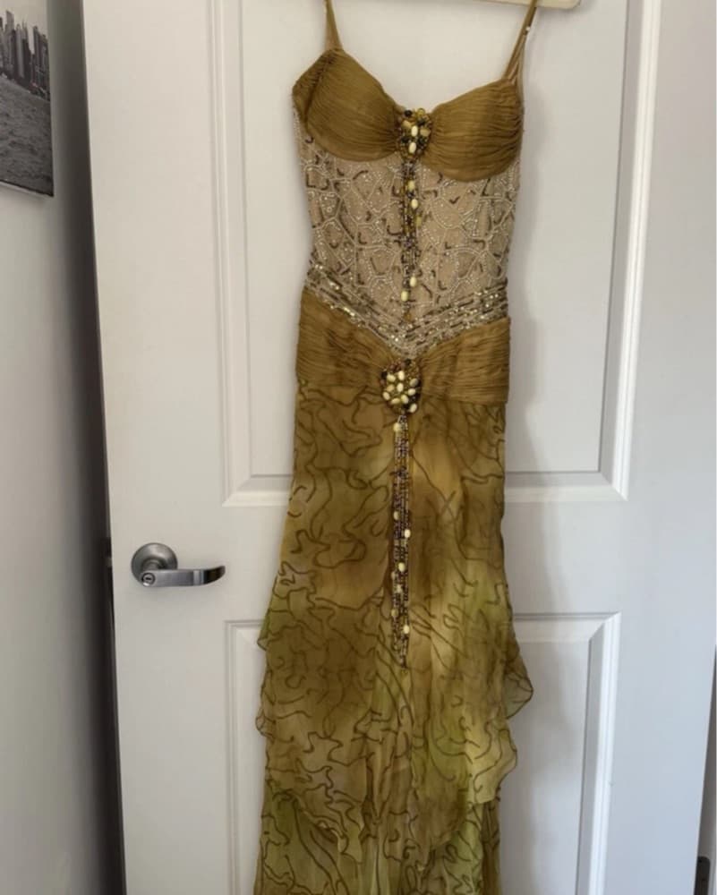 Elegant Gold/Green Lace Gown - Image 2