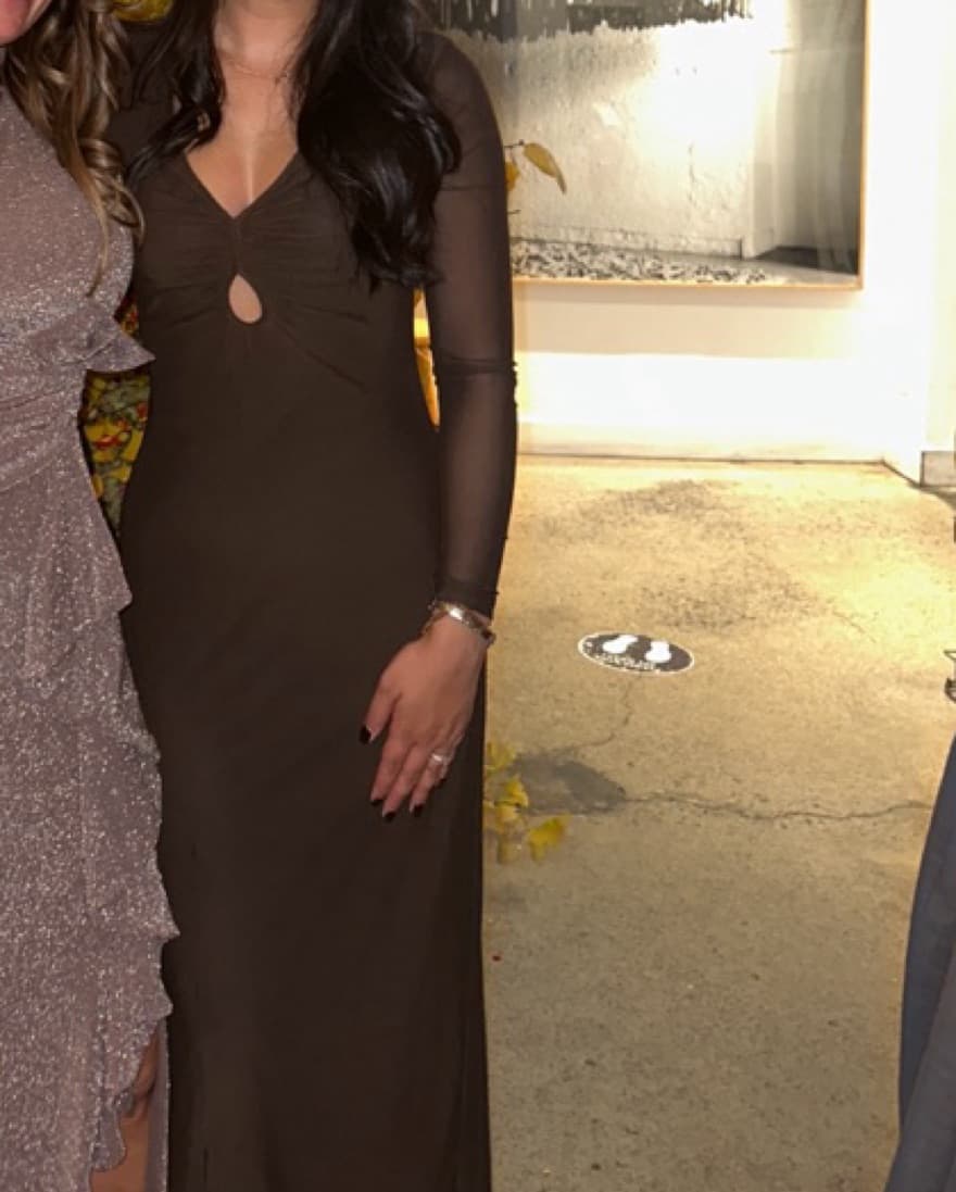 Brown Mesh Midi Cocktail Dress - Image 1