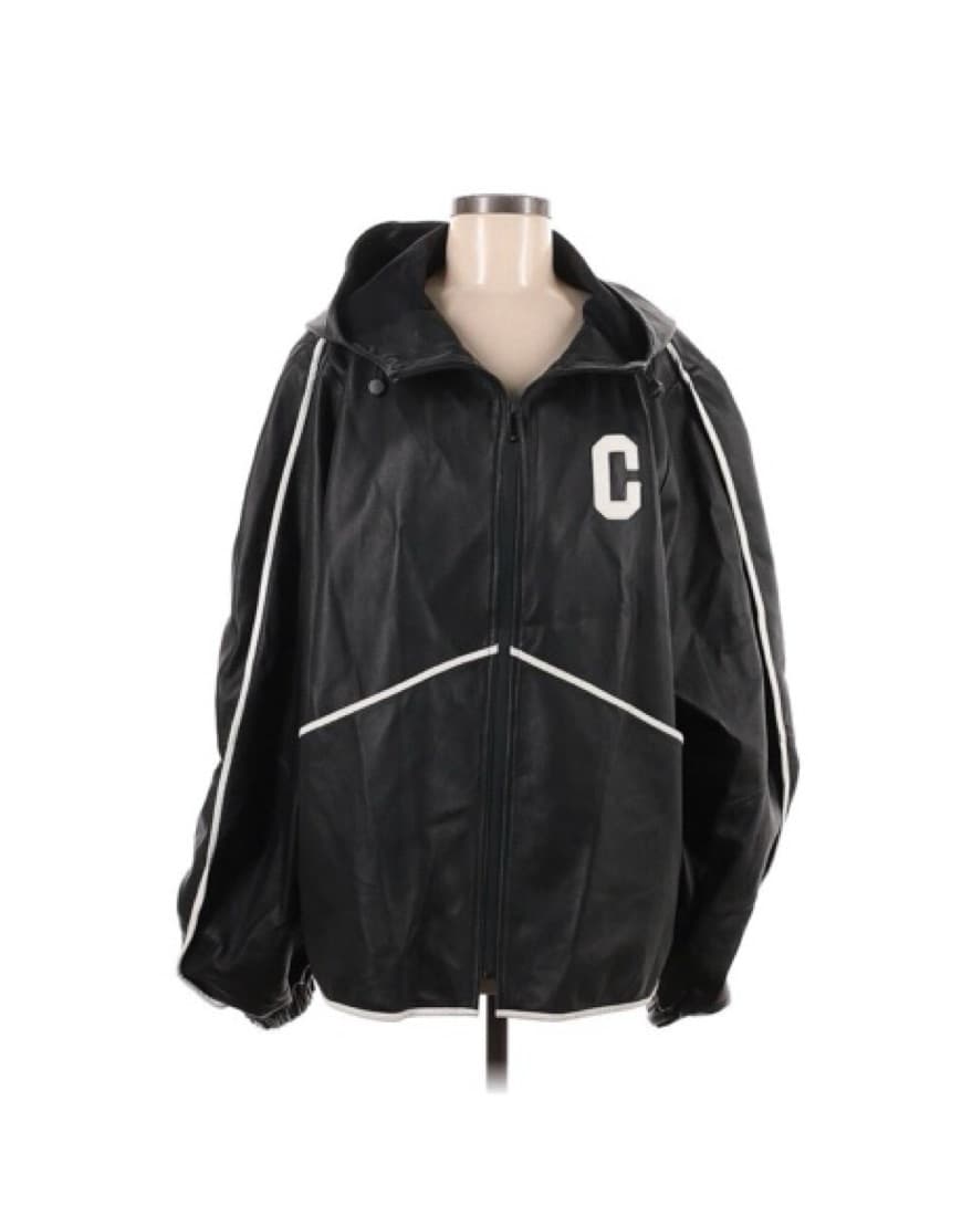 Black Leather Oversized Varsity Jacket - Image 1