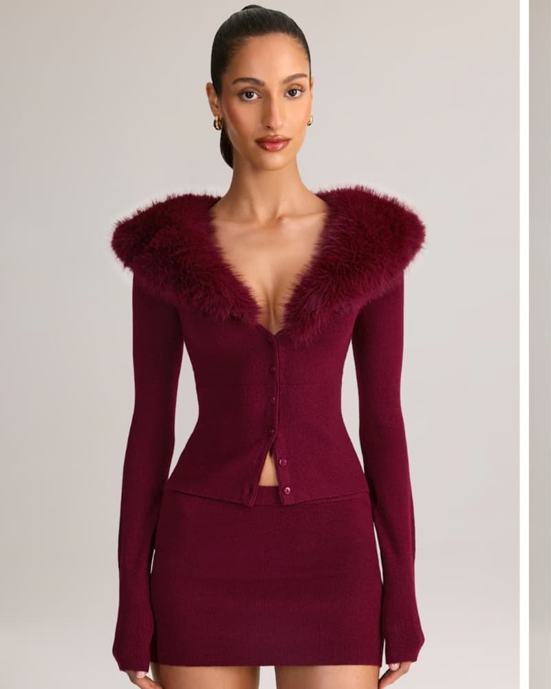 Knit Faux Fur Trim Cardigan In Wine - Image 4