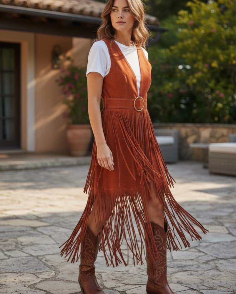 Fringed Suede Midi Dress Rust  - Image 2