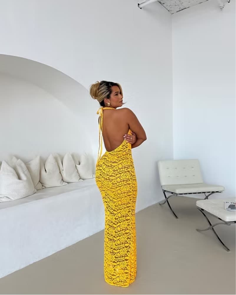 Captivating Yellow Lace Gown - Image 4