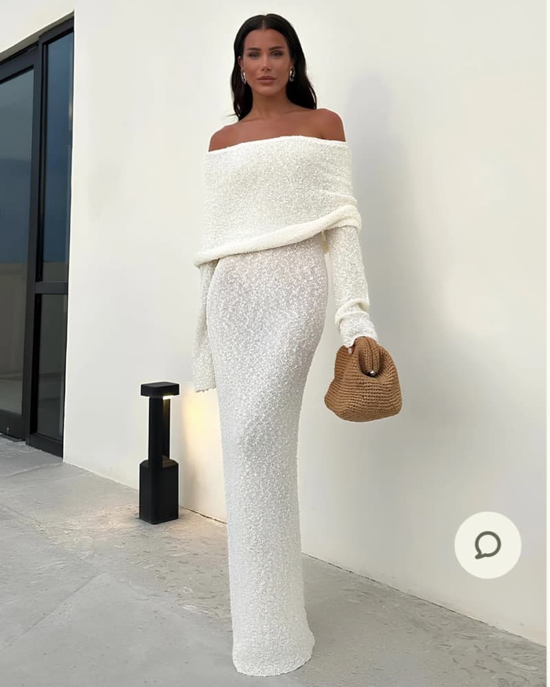 Off the Shoulder Boucle Maxi Dress - Image 1