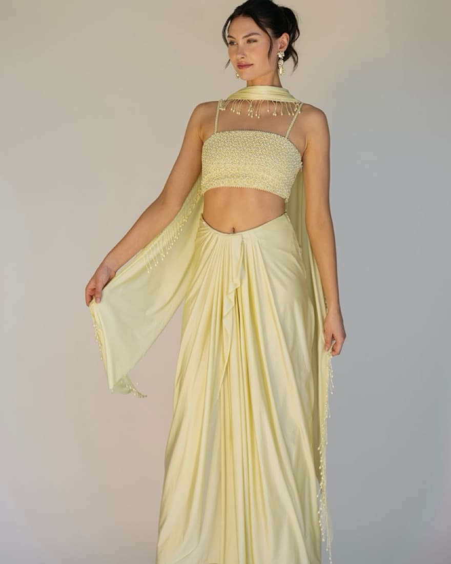 Sani Butter Yellow Pearl Lehenga Set - Image 1