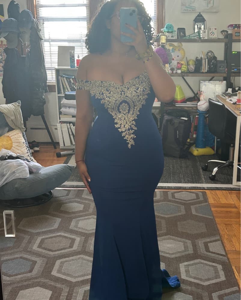 Blue Off The Shoulders Long Tail Dress  - Image 1