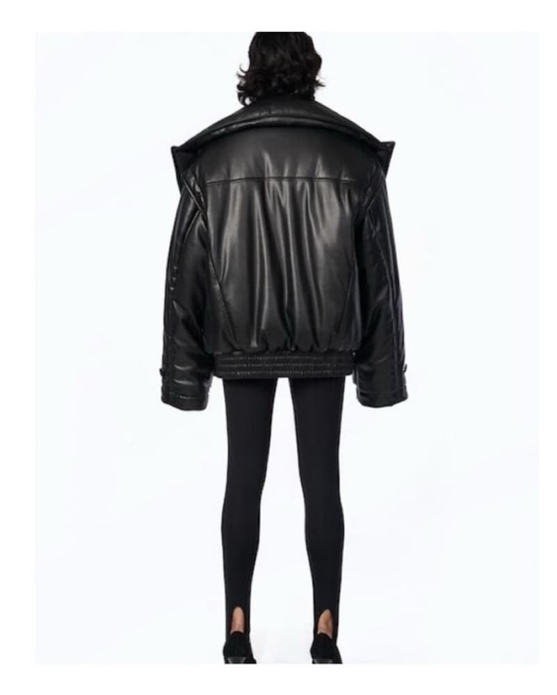 Oversized Puffer Black Leather Jacket - Image 3