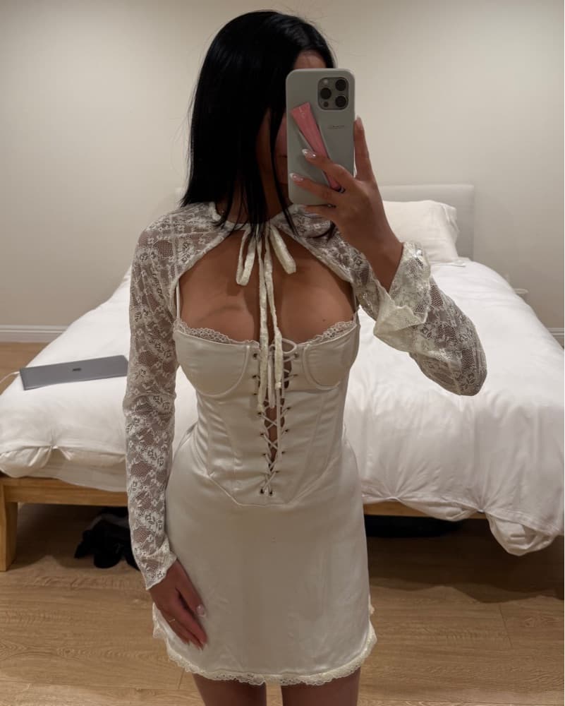 Elegant Lace-Trimmed Satin Mini Dress - Image 1