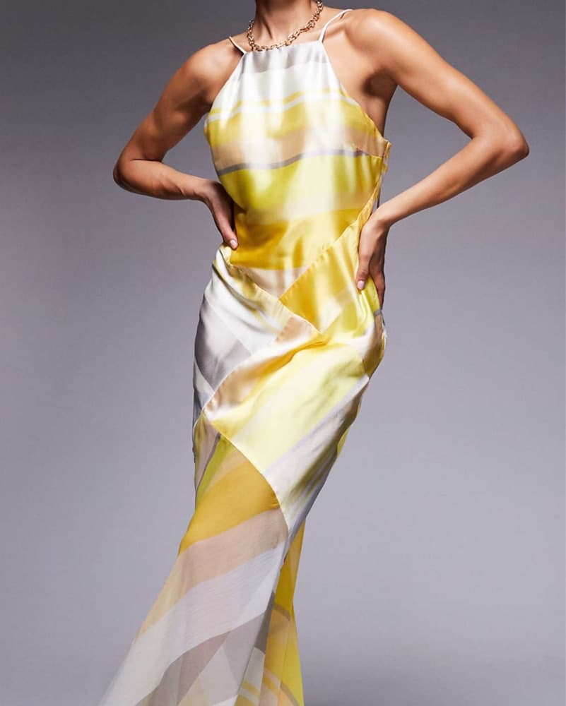 Yellow High-Neck, Backless Silk Dress - Image 1