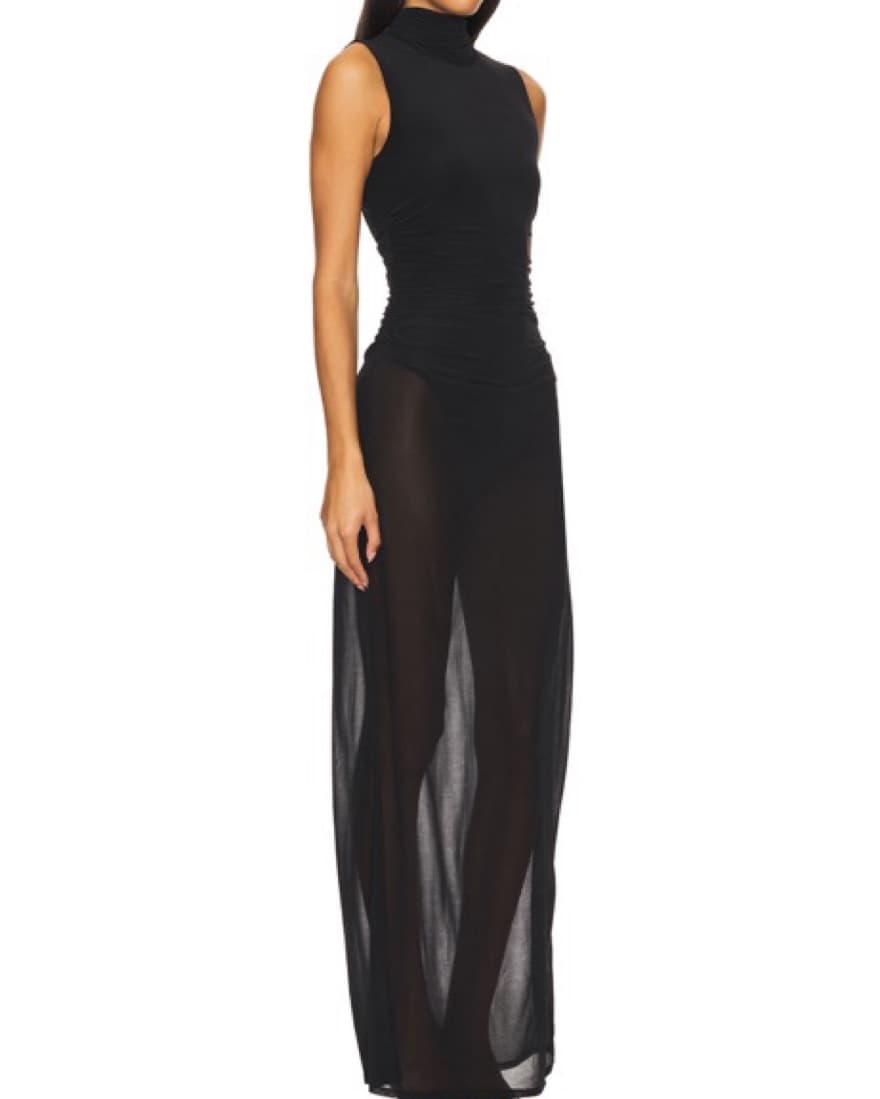 Sleek Black Maxi Dress with Sheer Skirt - Image 3