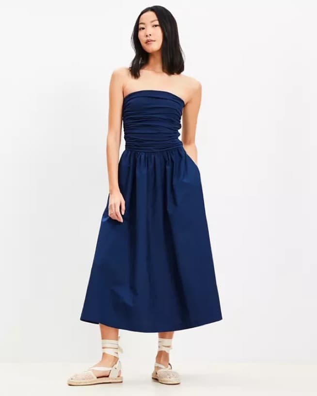 Navy Blue Ruched Midi Dress - Image 1