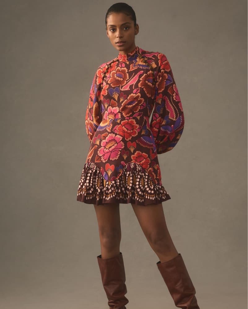 Farm Rio Bright Flora Mini Dress Brown  - Image 1