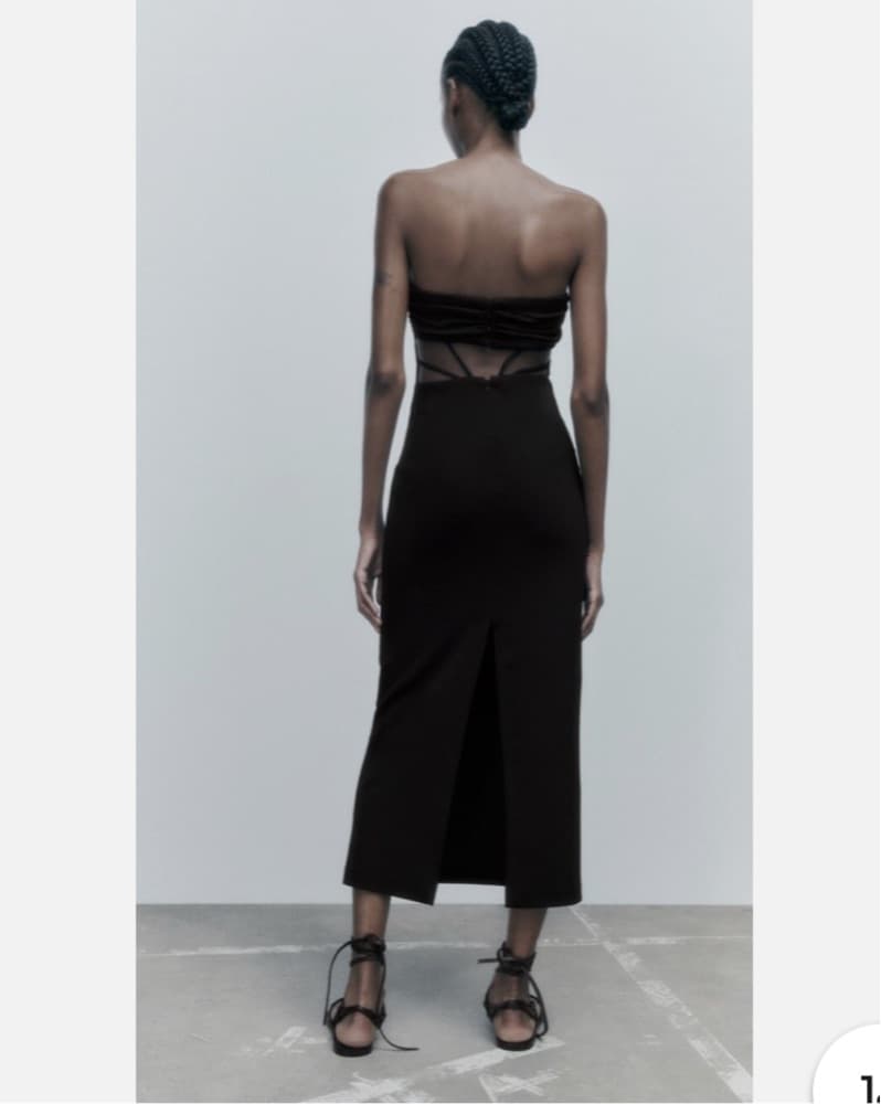 Ruched Black Strapless Midi Dress - Image 2