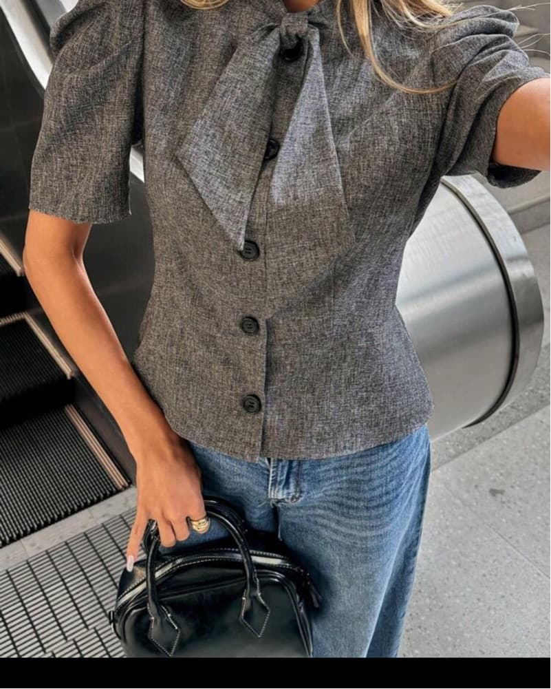 Puff Sleeve Grey Blouse  - Image 3