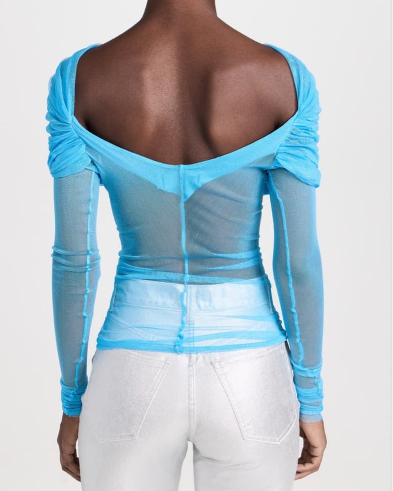 Christopher Esber Veiled Sheer Off Shoulder Ruched Blue Top - Image 6