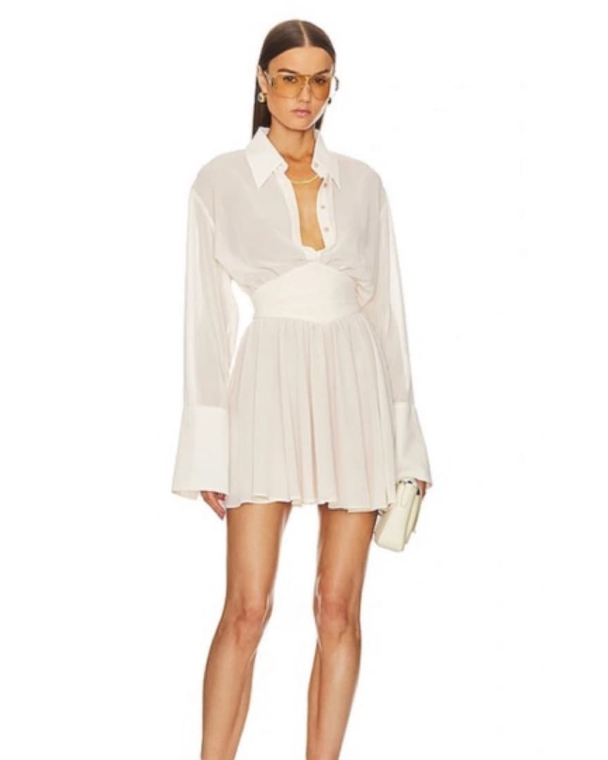 Helsa Sheer Mini Shirt Dress In Cream - Image 1