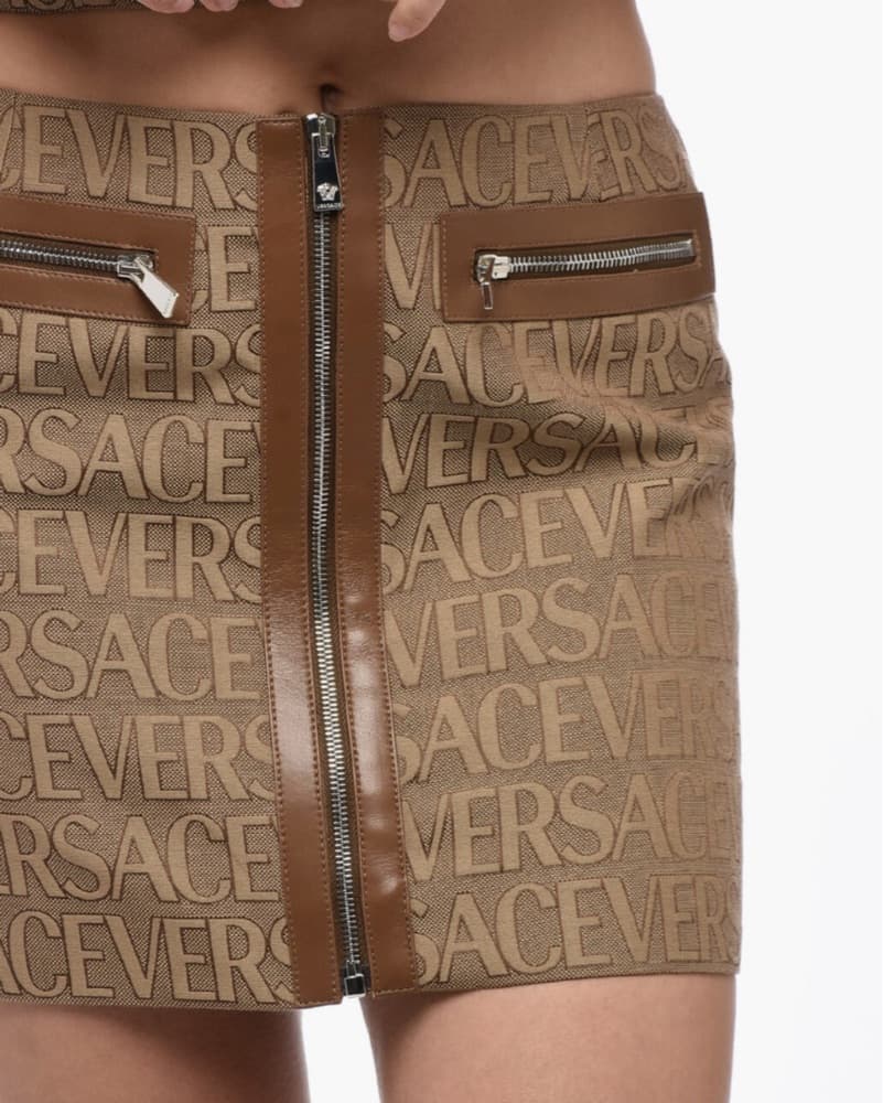Versace Brown Neutral Leather Trimmed Logo Print Mini Skirt - Image 4