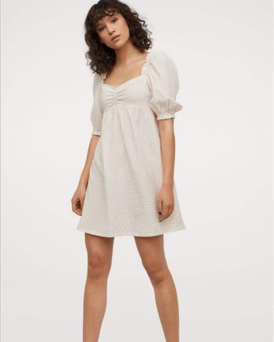 Beige Gingham Puff-sleeved Mini Dress - Image 3