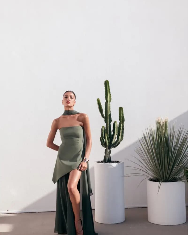 Formal Dress With Slit And Scarf  - Image 2
