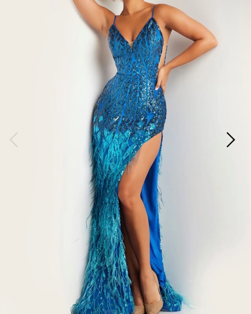 JOVANI 37678 Sequin Long Feather Dress - Image 1