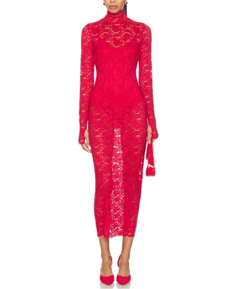Lace Mock Neck Fitted Dress With Bodysui - Image 1