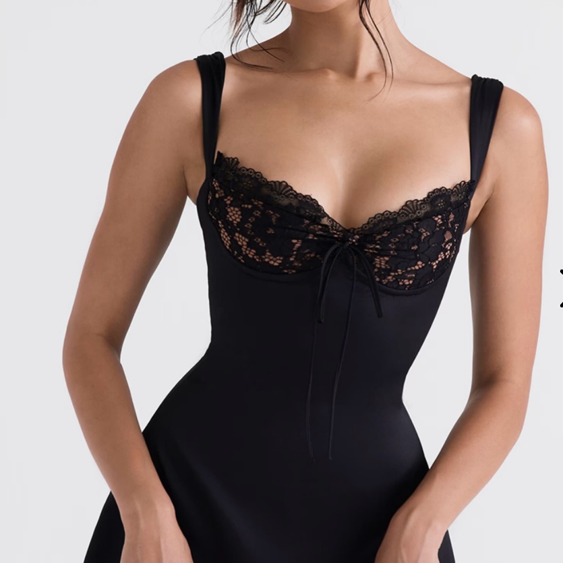 BLACK SATIN AND LACE MINI DRESS - Image 1