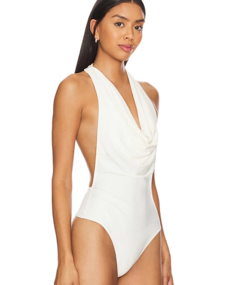 White Cowl Neck Backless Bodysuit - Image 2