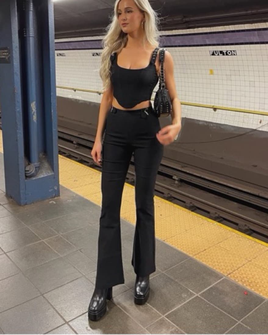 Sleek Black Cropped Top and Flare Pant Set - Image 2
