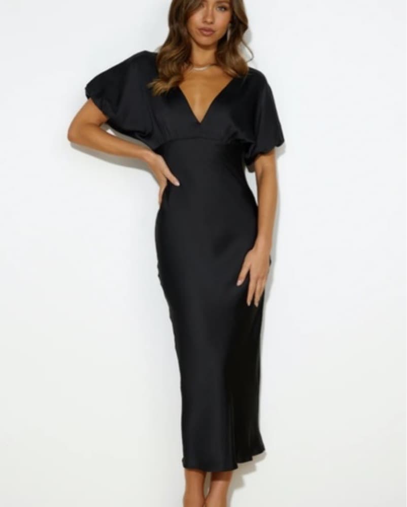 Black Satin V-Neck Midi Dress - Image 1