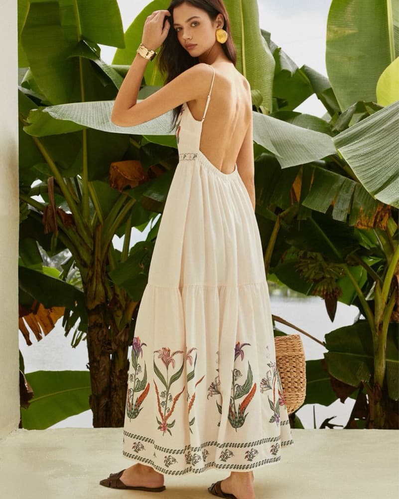 Backless Cream Floral Dress - Image 1