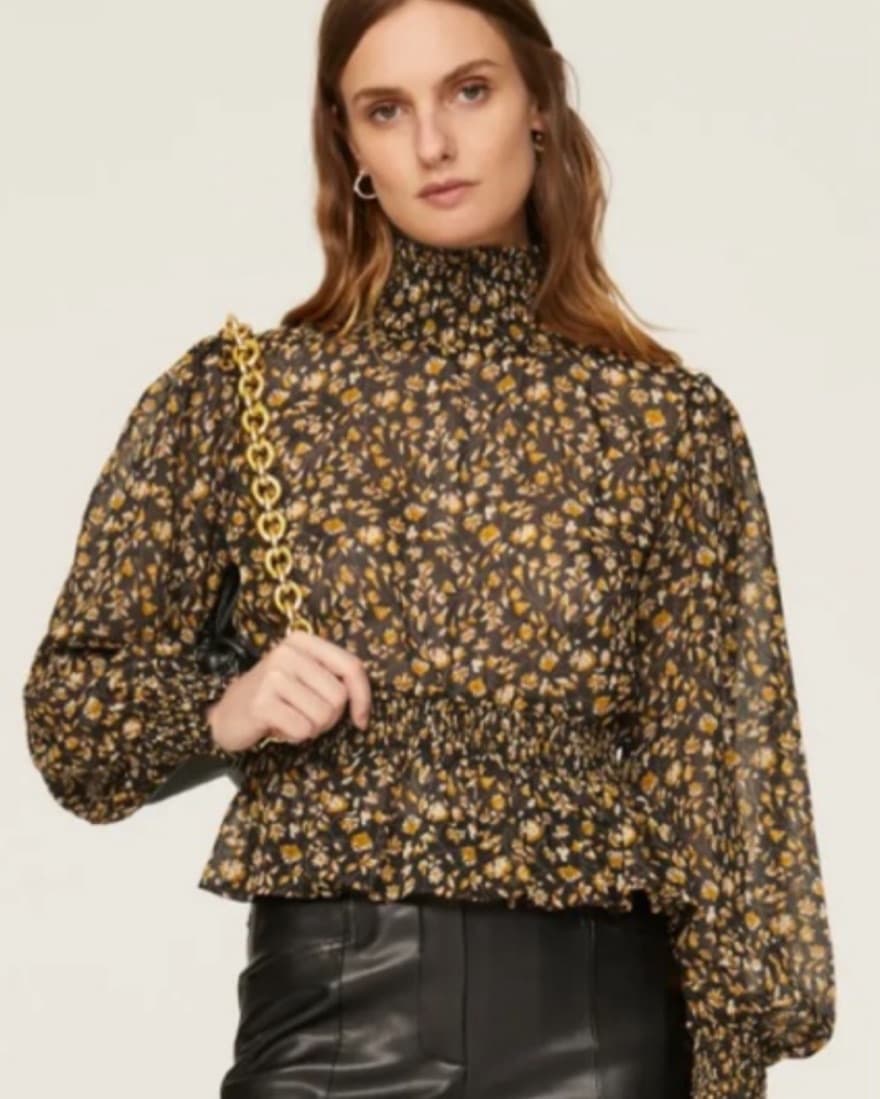 Brown Floral Shirred Blouse - Image 1