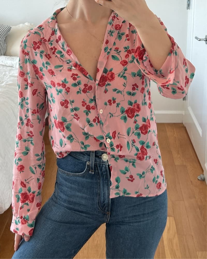 Vivetta Italian Designer Silk Floral Flower Abstract Button Down Top Pink Unique Rose Blouse  - Image 1