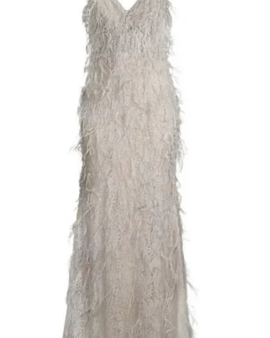 Gray/Silver Floor Length Feather Gown - Image 4