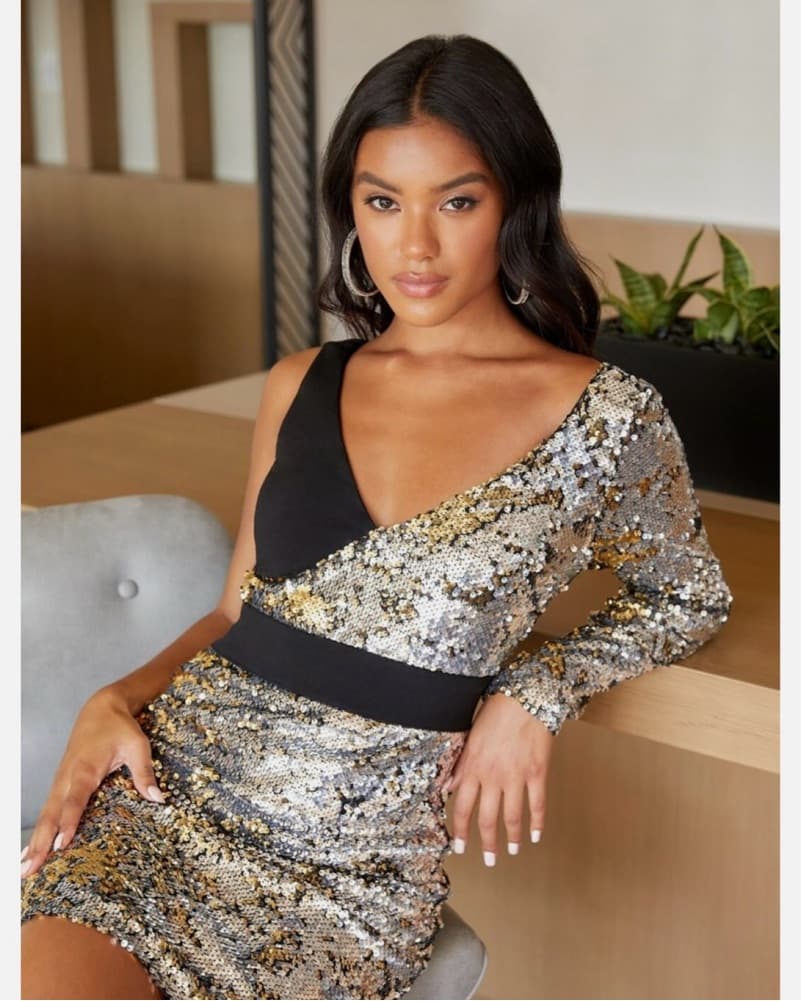 Bebe One Sleeve Sequin Dress - Image 3