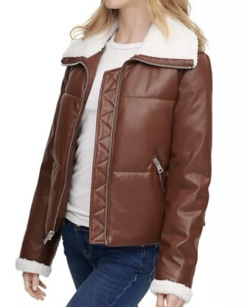 Brown Leather/White Sherpa Puffe Jacket  - Image 2