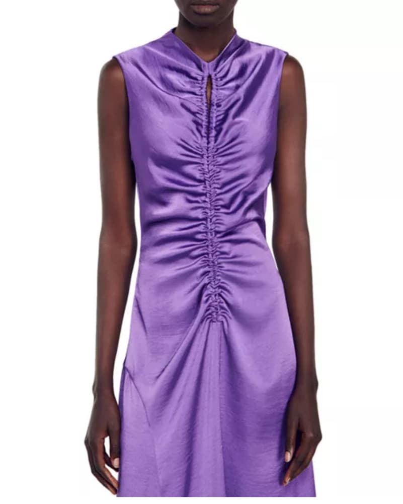 Sleek SANDRO Satin Ruched Midi Dress - Image 2