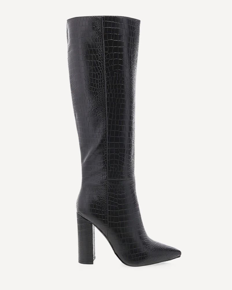 Black Croc Knee High Heeled Boots - Image 1