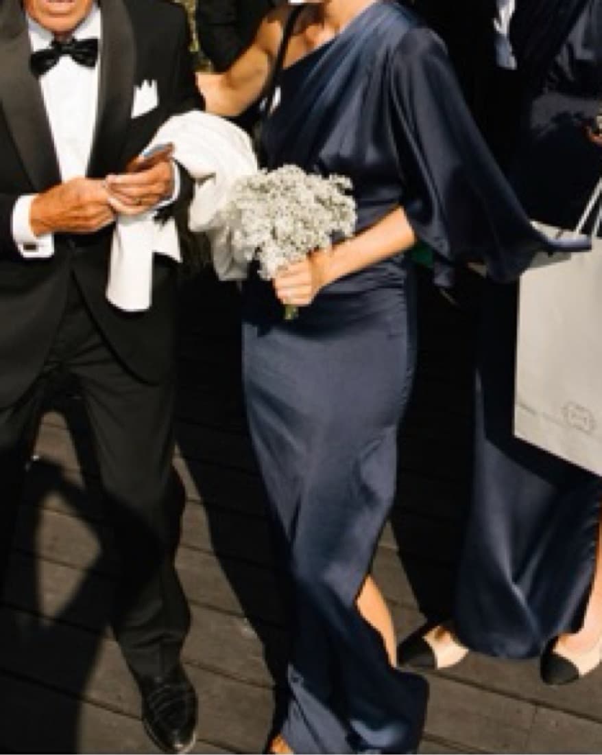 Asymmetrical Navy Satin Split Maxi Dress - Image 1