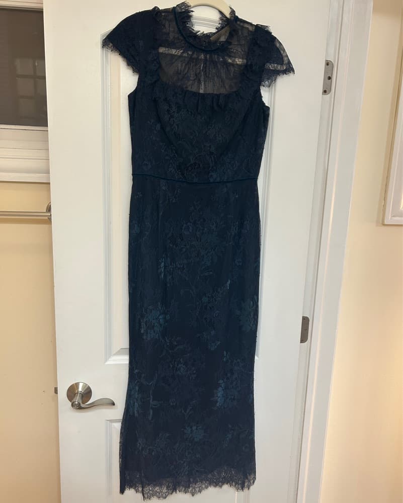 Marchesa Notte Navy Lace Bib Midi Dress - Image 5