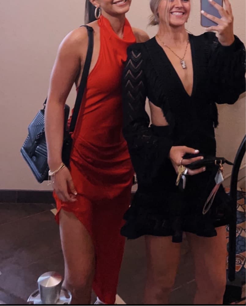 Red Halter Silk Dress Wide Side Slit  - Image 2