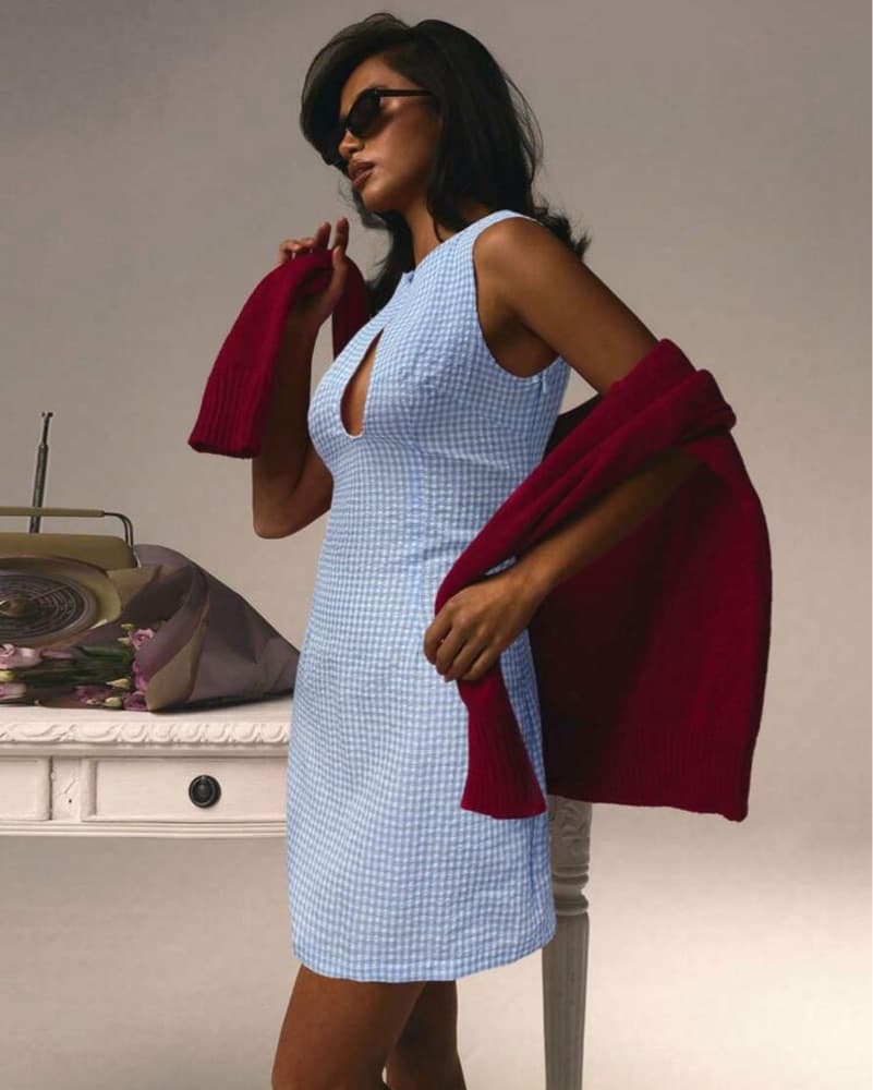 Blue Gingham Mini Dress - Image 4
