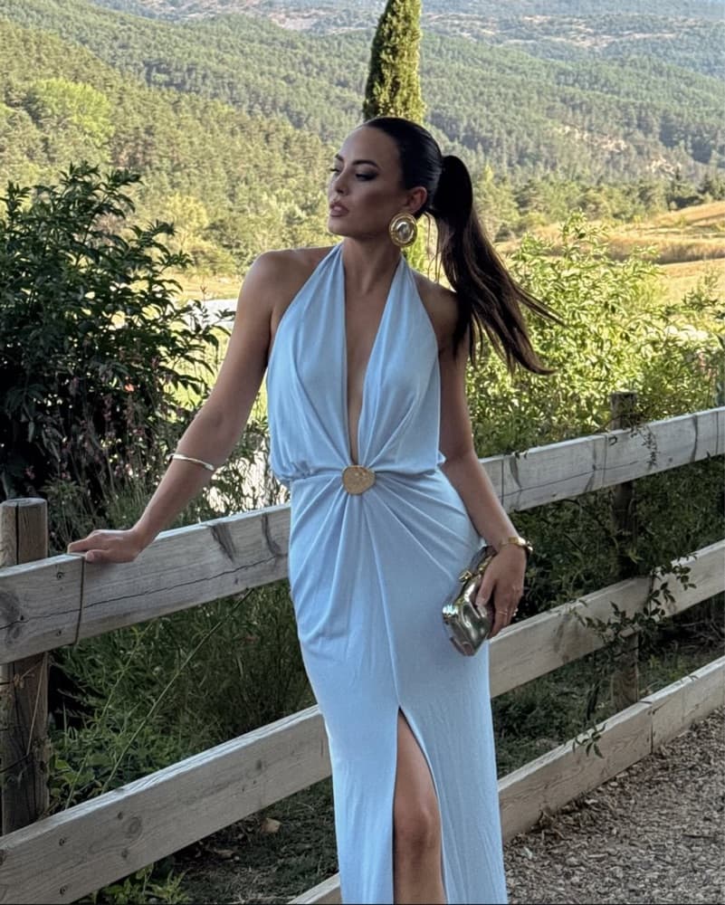 Powder Blue Plunge-Neck Wrap Gown  - Image 4