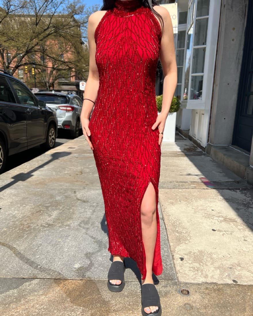 Vintage Silk Beaded High Neck Gown - Image 5
