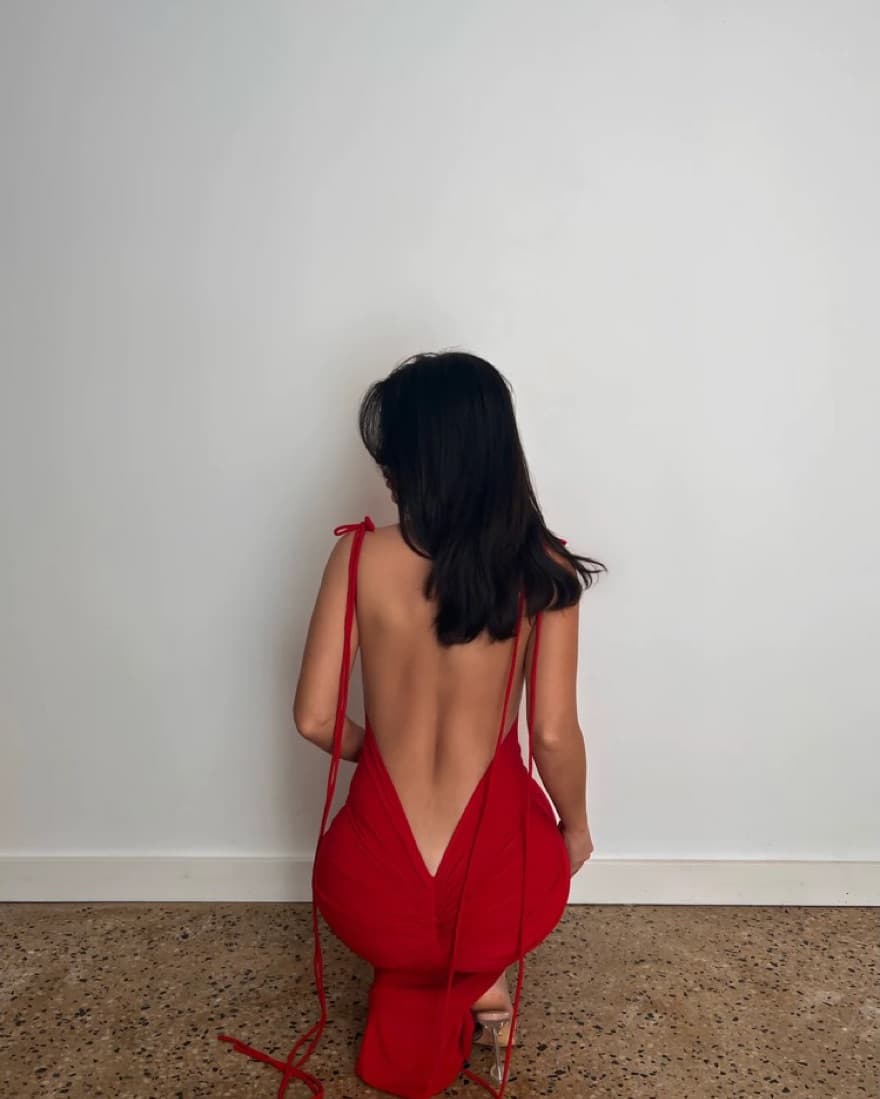 Red Deep V Cut Backless Dress- Midi - Image 3