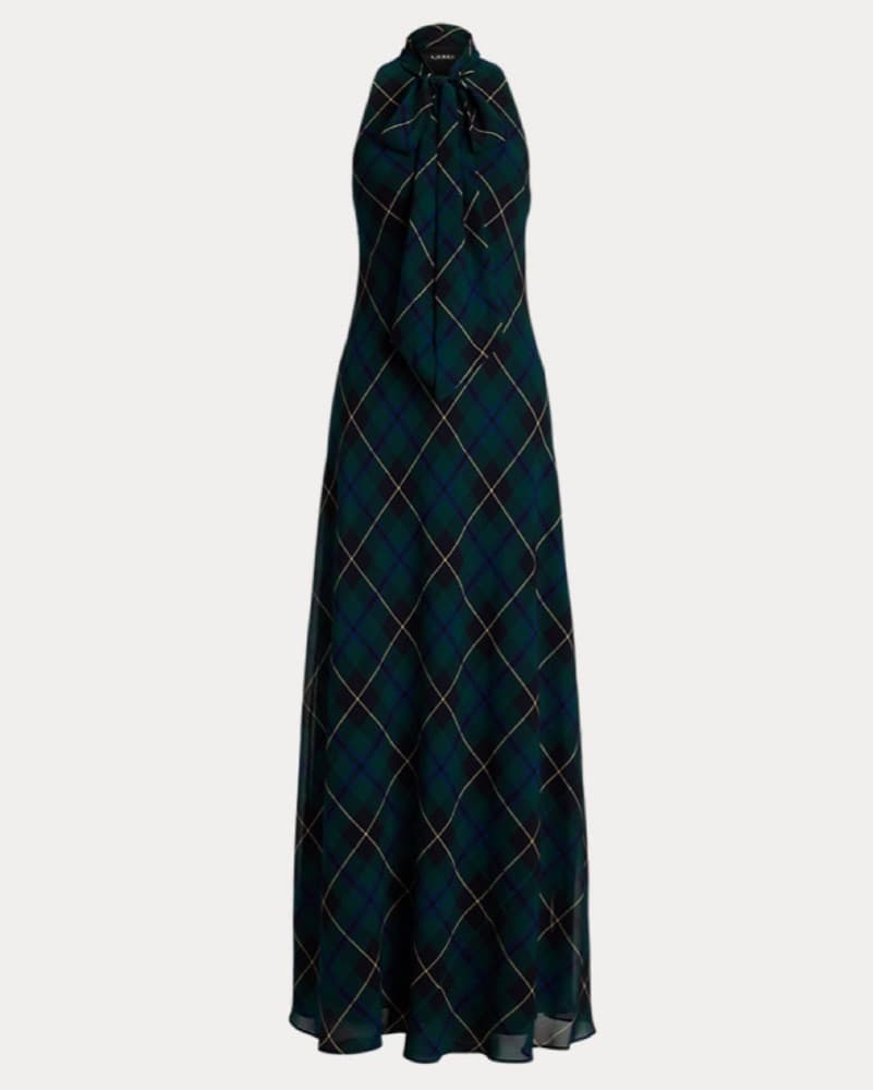 Plaid Crinkle Georgette Tie-Neck Gown - Image 5